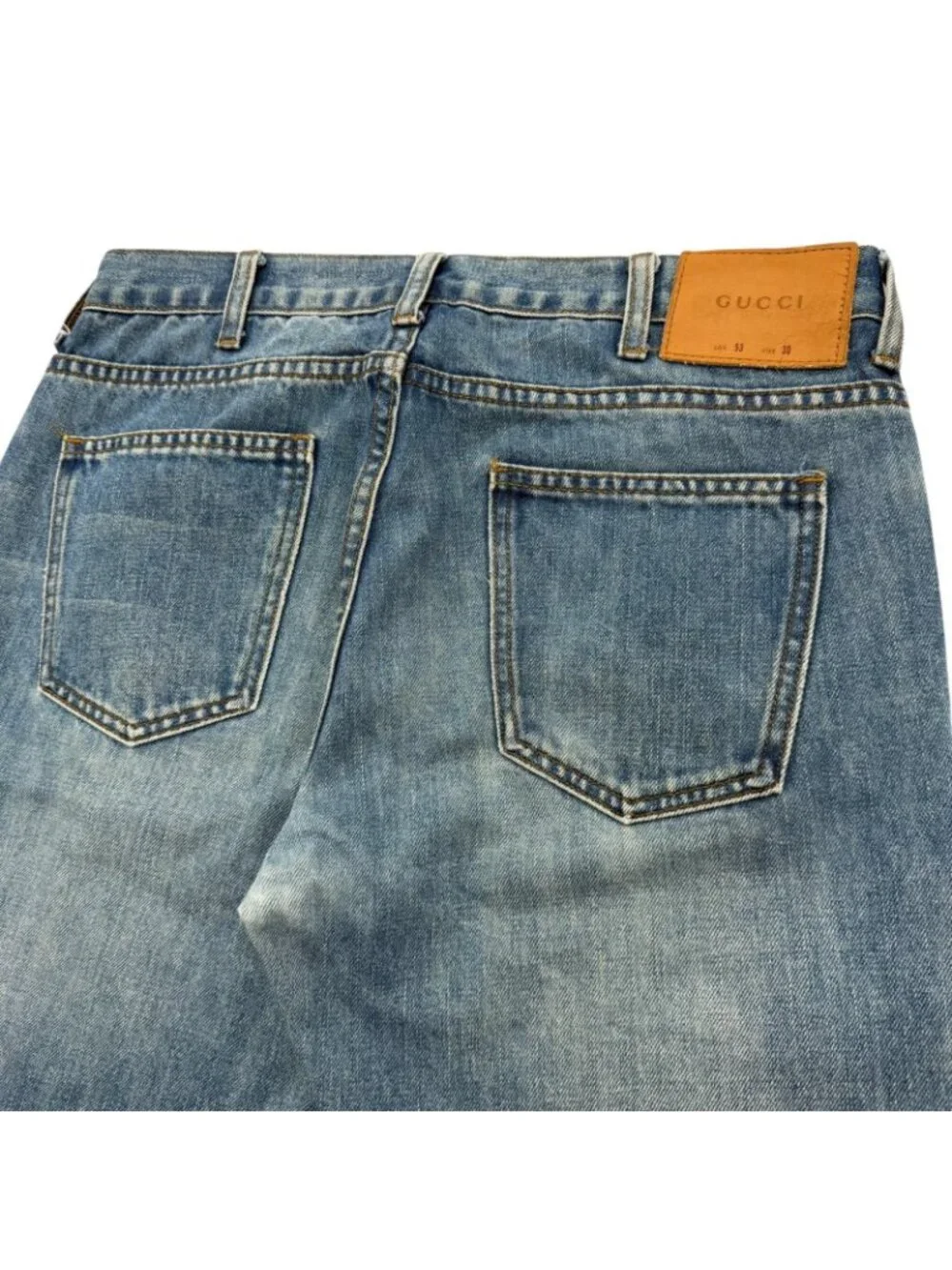 Gucci Logo Leather Patch Snake Embroidery Button Fly Denim Pants Blue 30